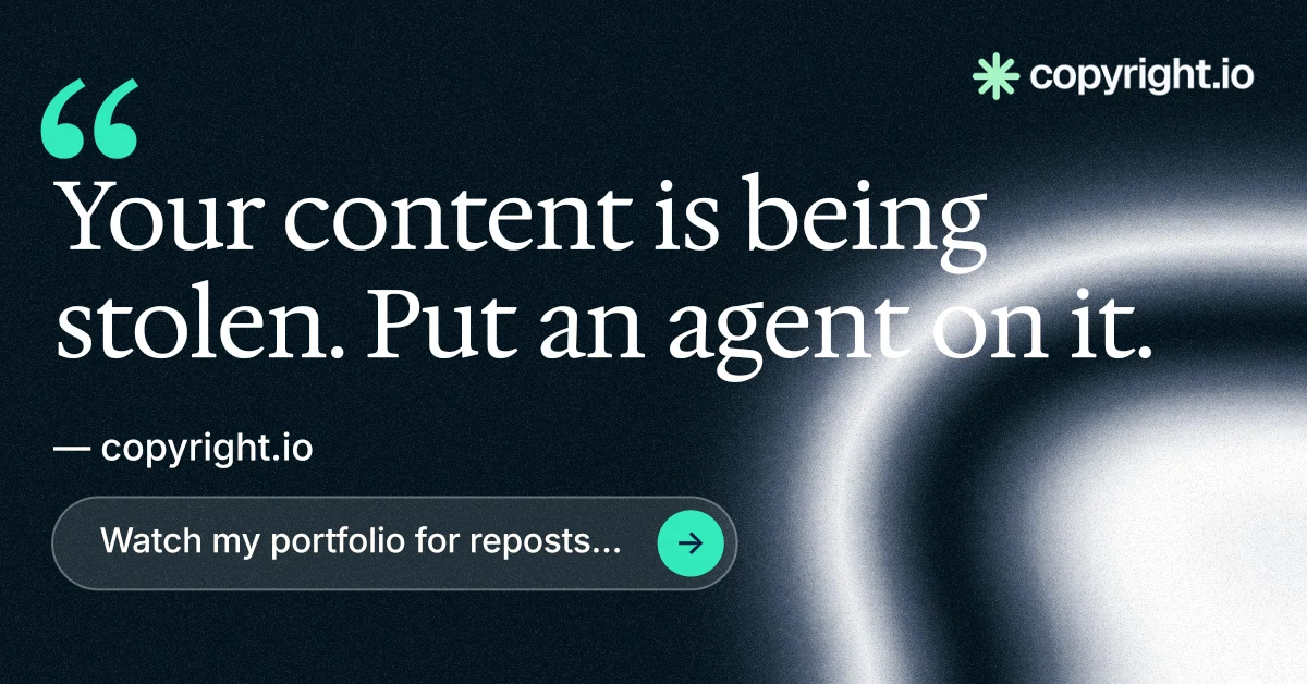 Social ad for copyright.io: "Put an agent on it." Agentic glass style, quote layout, dark palette in black, blue, grey.