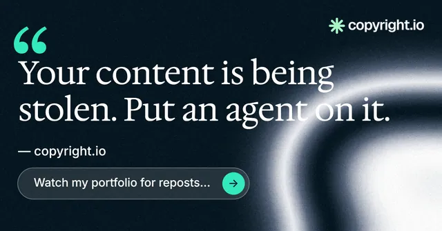 Social ad for copyright.io: "Put an agent on it." Agentic glass style, quote layout, dark palette in black, blue, grey.