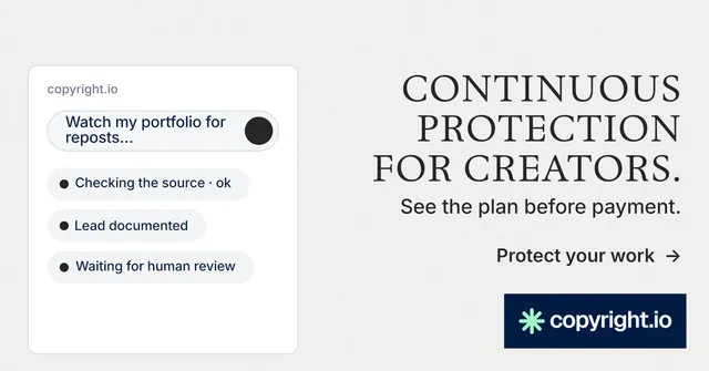 Social ad for copyright.io: "Continuous protection for creators." Minimal luxury style, right layout, light palette in white, grey.