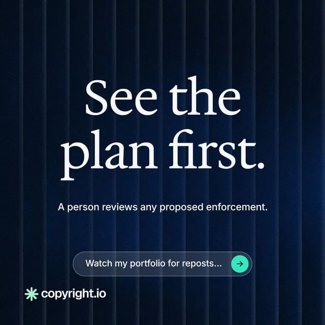 Instagram post for copyright.io: "See the plan first." Agentic glass style, centred layout, dark palette in black, blue.