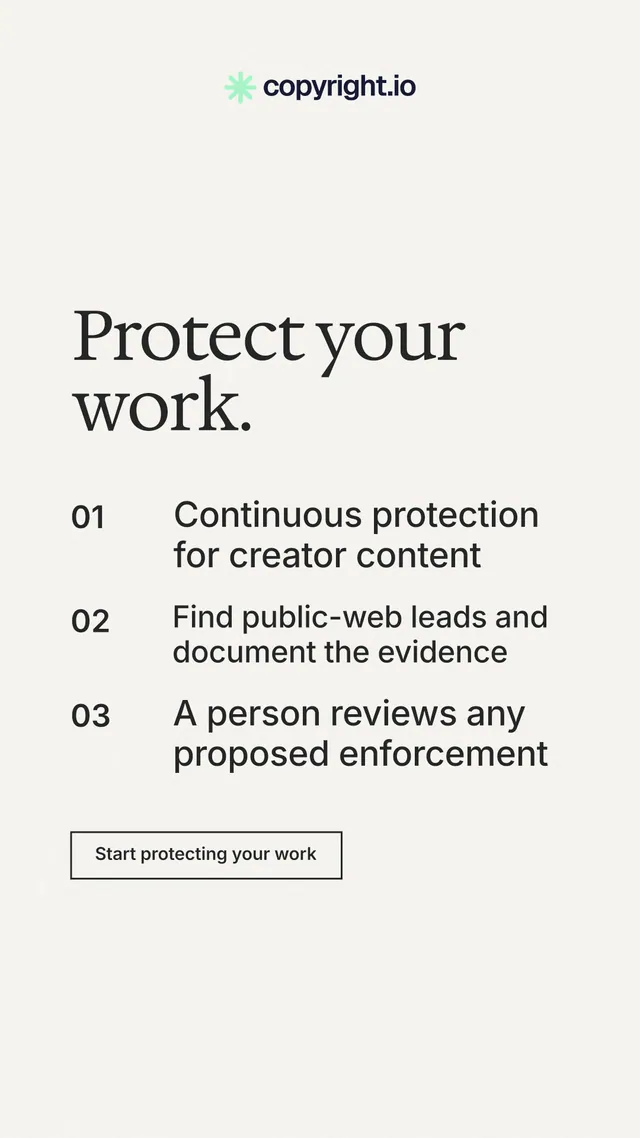 Instagram story for copyright.io: "Protect your work." Editorial style, numbered layout, light palette in white, grey.