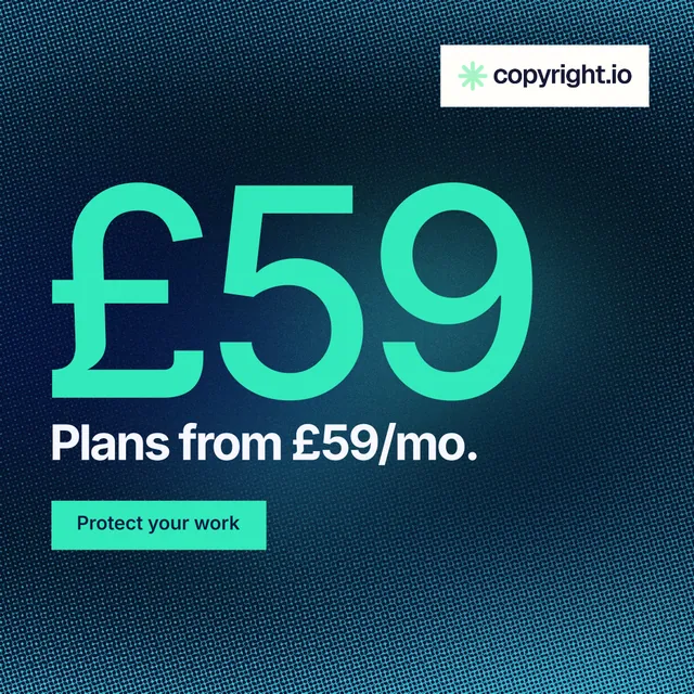 Instagram post for copyright.io: "Continuous protection for creators." Swiss style, stat layout, dark palette in blue, black, teal.