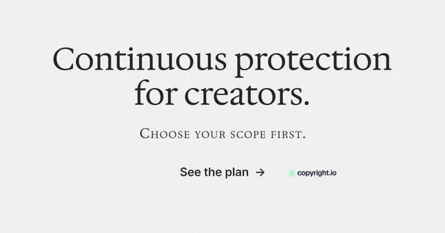 Social ad for copyright.io: "Continuous protection for creators." Minimal luxury style, smallcaps layout, light palette in white.