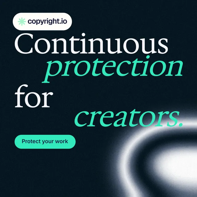 Instagram post for copyright.io: "Continuous protection for creators." Y2K style, stacked layout, dark palette in black, teal.