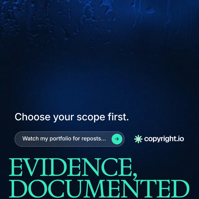 Instagram post for copyright.io: "Evidence, documented." Agentic glass style, oversized layout, dark palette in black, blue, teal.