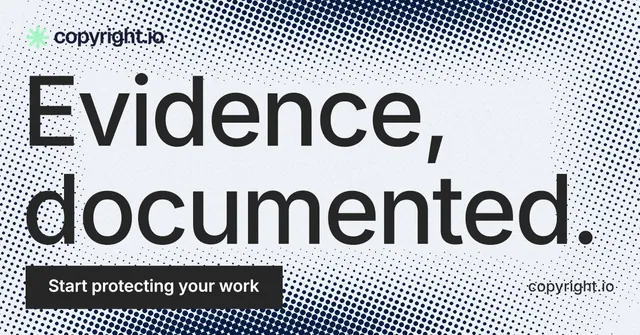 Social ad for copyright.io: "Evidence, documented." Split block style, poster layout, light palette in grey, blue, white.
