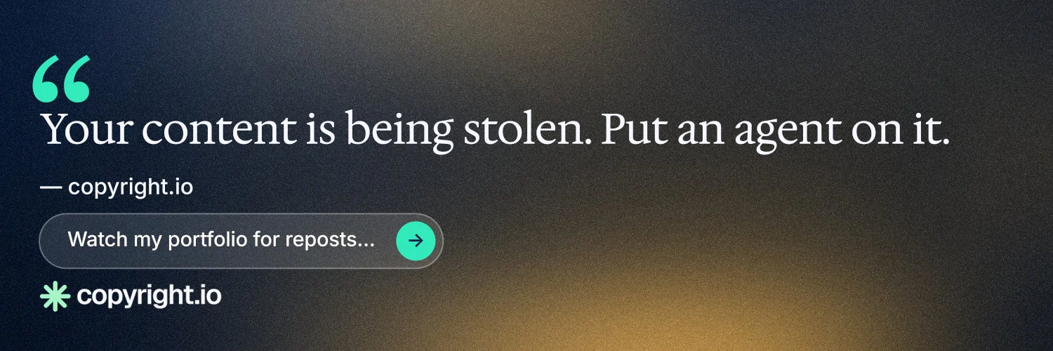 X header for copyright.io: "Evidence, documented." Agentic glass style, quote layout, dark palette in black, grey, blue.