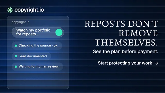 Landscape graphic for copyright.io: "Reposts don't remove themselves." Minimal luxury style, right layout, dark palette in blue, black.