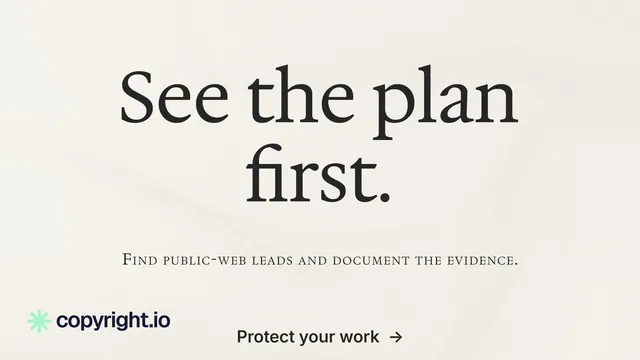 Landscape graphic for copyright.io: "See the plan first." Minimal luxury style, smallcaps layout, light palette in yellow, white, grey.