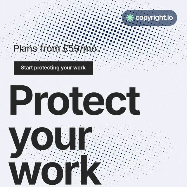 Instagram post for copyright.io: "Find your reposted work." Swiss style, oversized layout, light palette in white, grey.