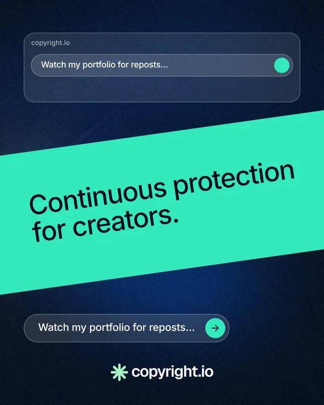 Instagram portrait post for copyright.io: "Continuous protection for creators." Agentic glass style, diagonal layout, dark palette in teal, black, blue.