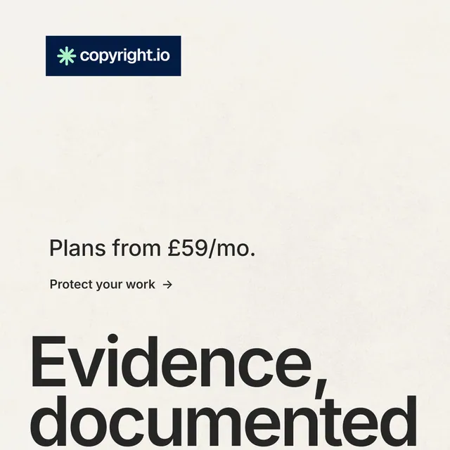 Instagram post for copyright.io: "Find your reposted work." Minimal luxury style, oversized layout, light palette in white, grey.