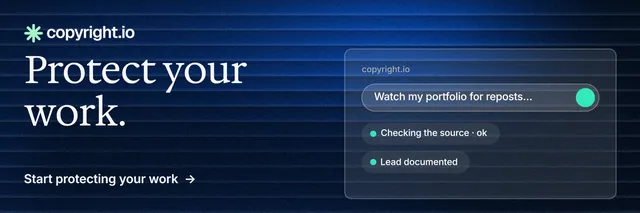 X header for copyright.io: "Protect your work." Minimal luxury style, bottom layout, dark palette in blue, black.