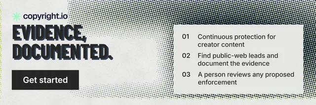 X header for copyright.io: "Evidence, documented." Retro print style, skeleton layout, light palette in white, grey.
