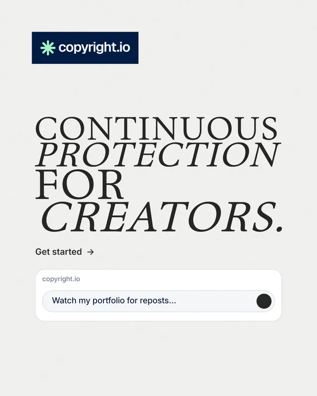 Instagram portrait post for copyright.io: "Continuous protection for creators." Minimal luxury style, stacked layout, light palette in white, grey.