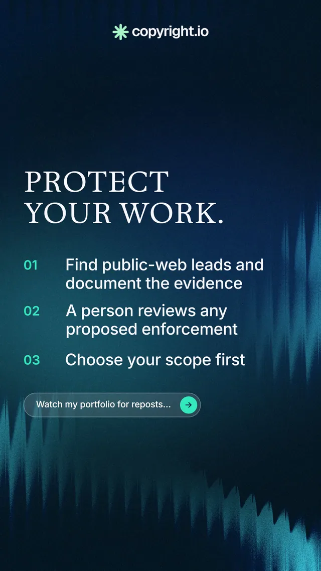 Instagram story for copyright.io: "Protect your work." Agentic glass style, numbered layout, dark palette in blue, black.