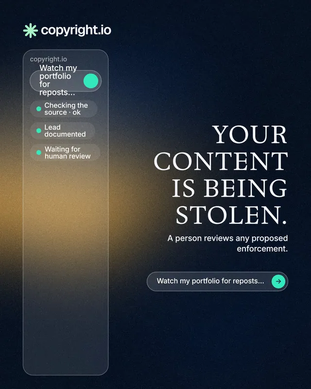 Instagram portrait post for copyright.io: "Your content is being stolen." Agentic glass style, right layout, dark palette in black, grey.