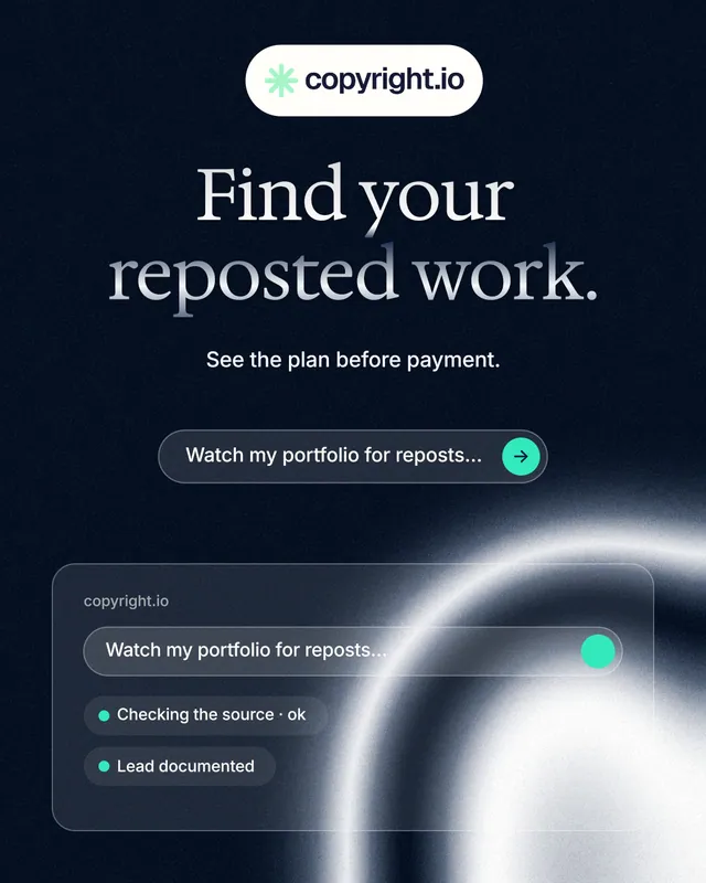 Instagram portrait post for copyright.io: "Find your reposted work." Agentic glass style, centred layout, dark palette in black, blue, grey.