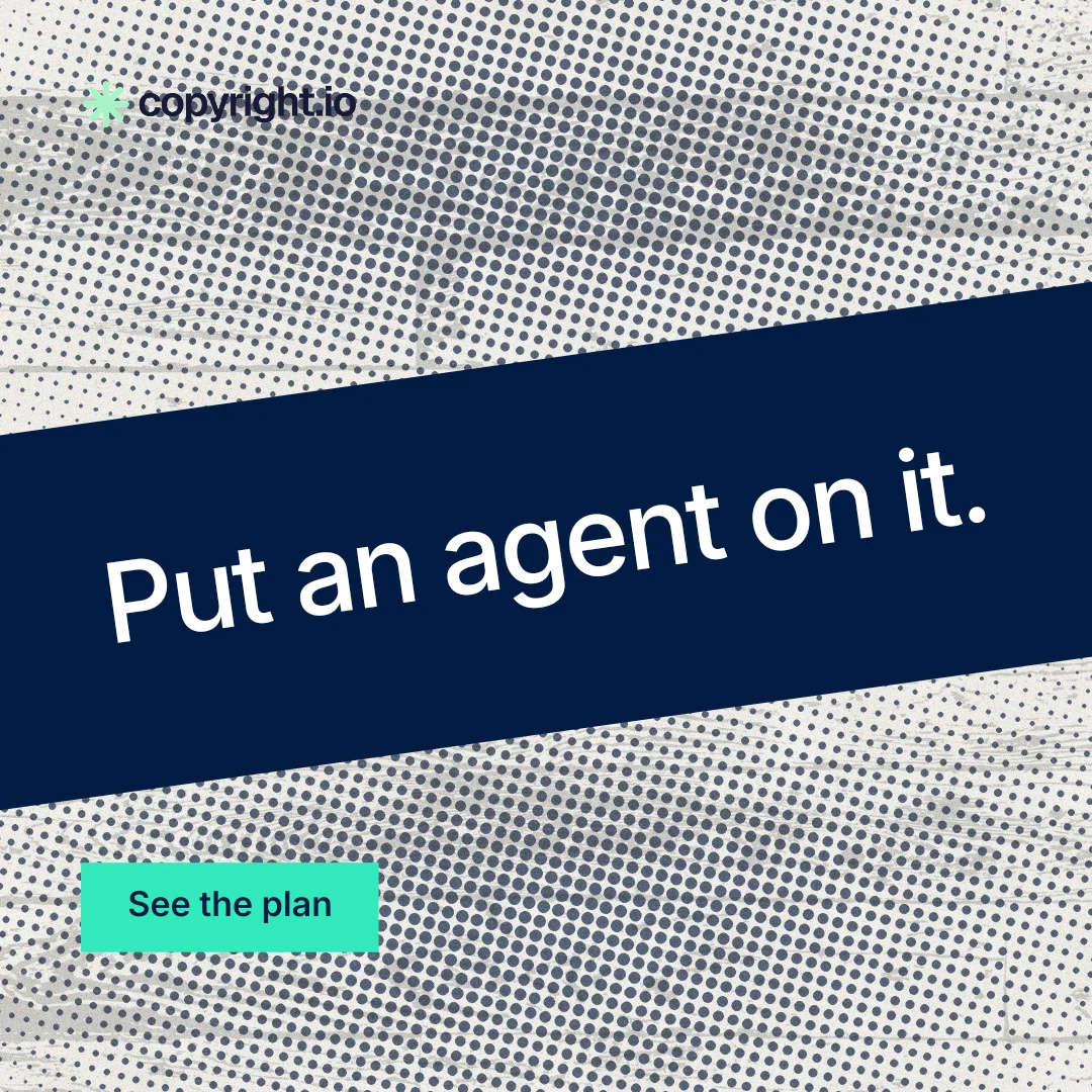 Instagram post for copyright.io: "Put an agent on it." Swiss style, diagonal layout, light palette in grey, blue.