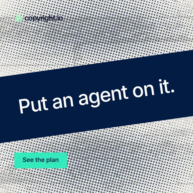 Instagram post for copyright.io: "Put an agent on it." Swiss style, diagonal layout, light palette in grey, blue.