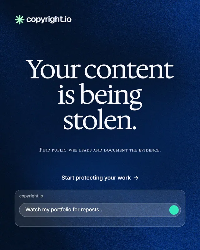 Instagram portrait post for copyright.io: "Your content is being stolen." Swiss style, smallcaps layout, dark palette in blue, black.