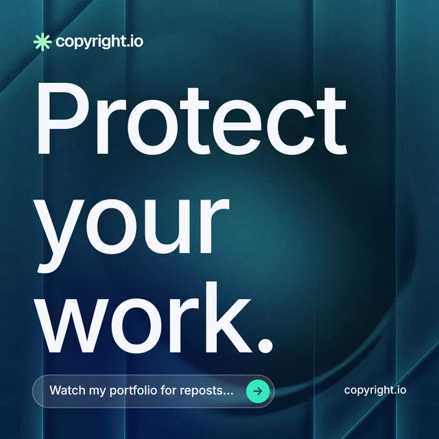 Instagram post for copyright.io: "Protect your work." Agentic glass style, poster layout, dark palette in blue.