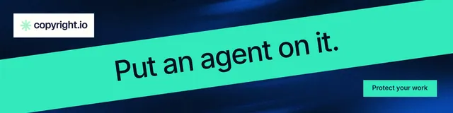 LinkedIn banner for copyright.io: "Put an agent on it." Swiss style, diagonal layout, light palette in teal, black, blue.