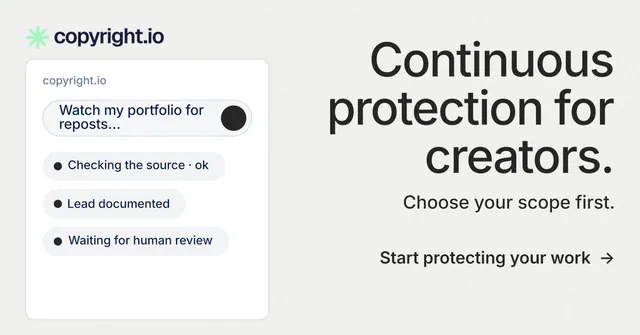 Social ad for copyright.io: "Continuous protection for creators." Minimal luxury style, right layout, light palette in white, grey.