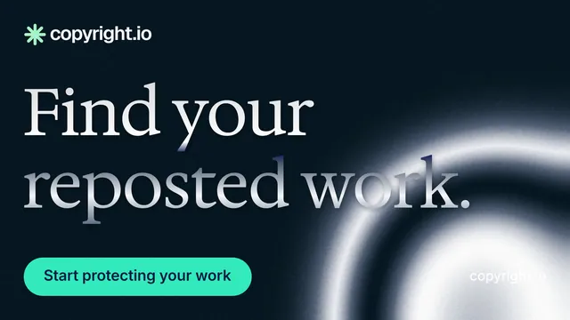 Landscape graphic for copyright.io: "Find your reposted work." Y2K style, poster layout, dark palette in black, teal, blue.