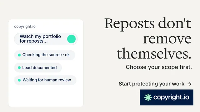 Landscape graphic for copyright.io: "Reposts don't remove themselves." Minimal luxury style, right layout, light palette in white, grey.