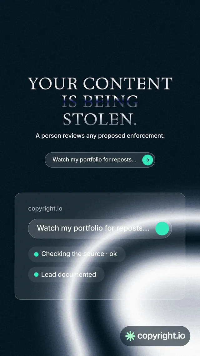 Instagram story for copyright.io: "Your content is being stolen." Agentic glass style, centred layout, dark palette in black, blue, grey.