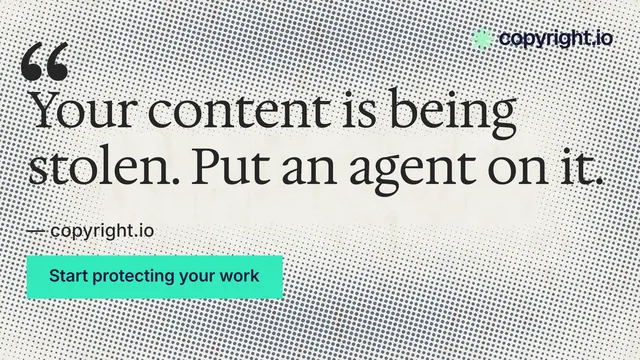 Landscape graphic for copyright.io: "Your content is being stolen." Swiss style, quote layout, light palette in grey, white, teal.