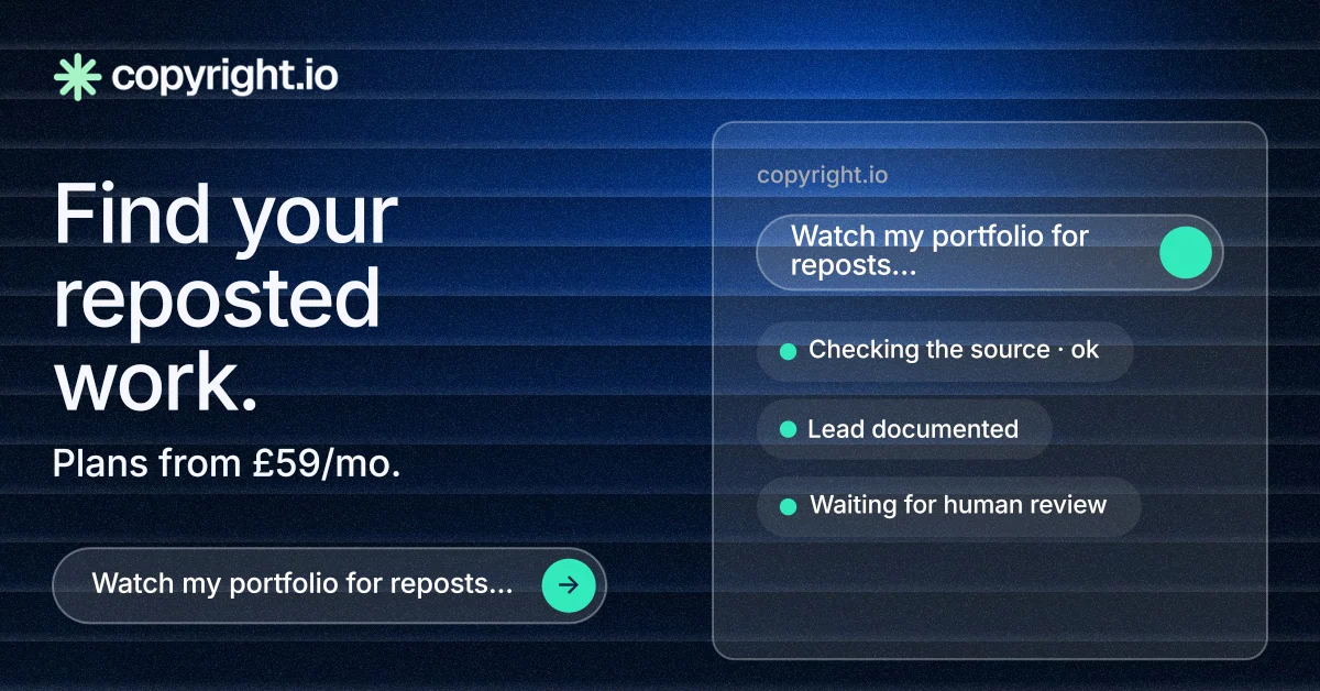 Social ad for copyright.io: "Find your reposted work." Agentic glass style, bottom layout, dark palette in black, blue.