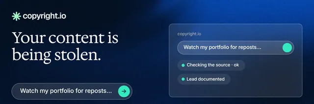 X header for copyright.io: "Your content is being stolen." Agentic glass style, bottom layout, dark palette in blue, black.