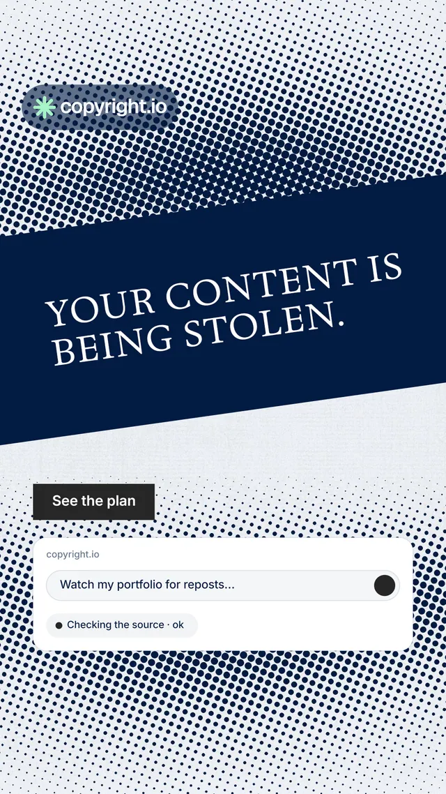 Instagram story for copyright.io: "Your content is being stolen." Split block style, diagonal layout, light palette in blue, white, grey.