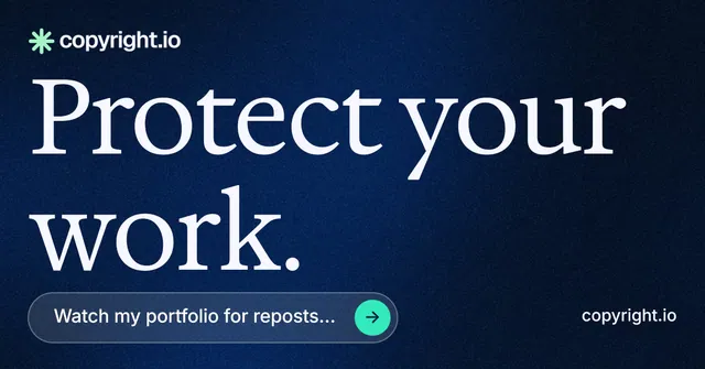 Social ad for copyright.io: "Protect your work." Agentic glass style, poster layout, dark palette in blue, black.