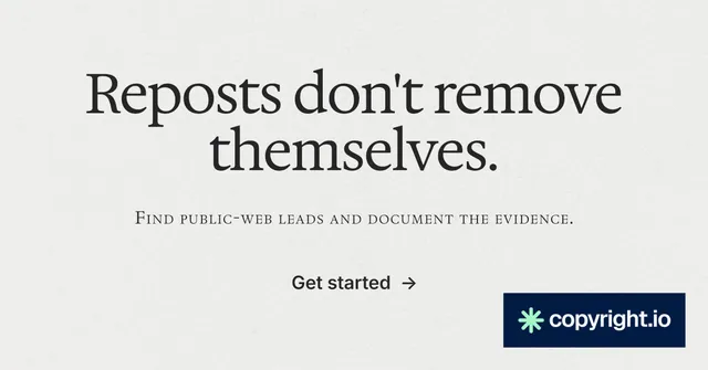 Social ad for copyright.io: "Reposts don't remove themselves." Minimal luxury style, smallcaps layout, light palette in white, grey.