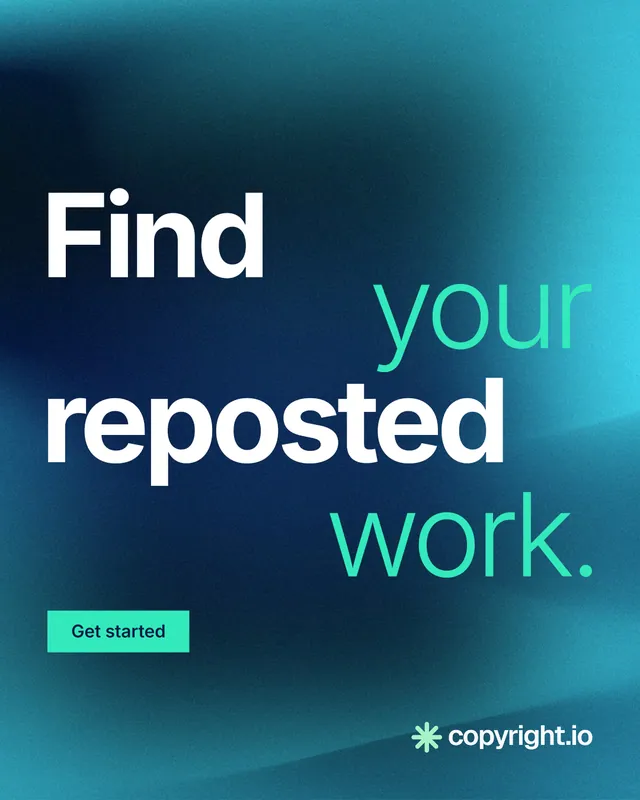 Instagram portrait post for copyright.io: "Find your reposted work." Swiss style, stacked layout, dark palette in blue, teal.