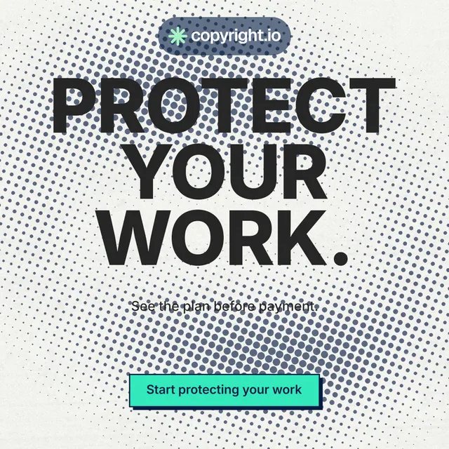 Instagram post for copyright.io: "Protect your work." Brutalist style, centred layout, light palette in white, grey.