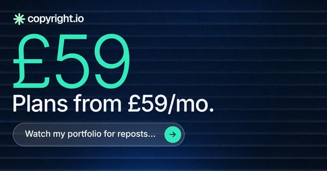 Social ad for copyright.io: "Put an agent on it." Agentic glass style, stat layout, dark palette in black, blue, teal.