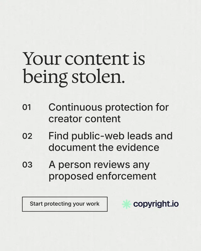 Instagram portrait post for copyright.io: "Your content is being stolen." Editorial style, numbered layout, light palette in white, grey.
