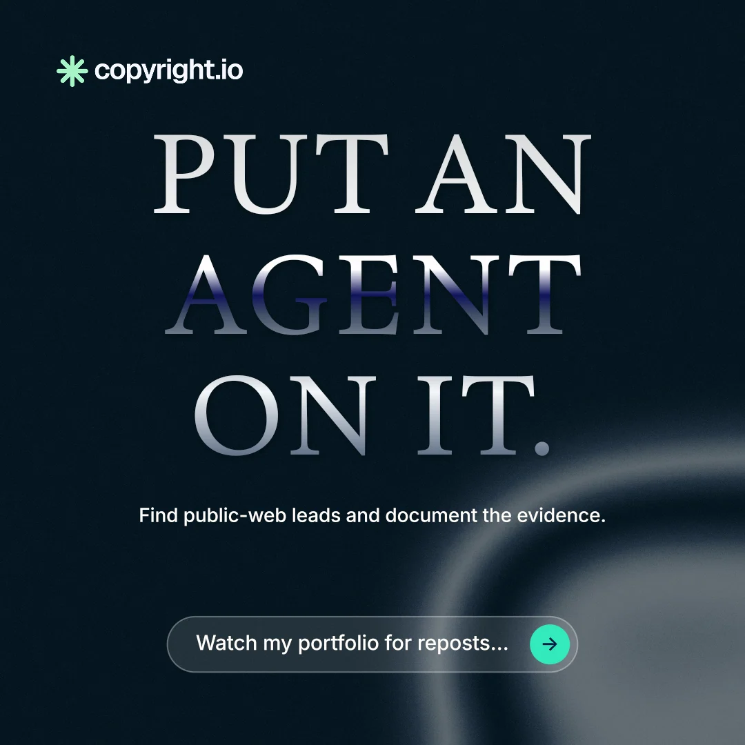 Instagram post for copyright.io: "Put an agent on it." Agentic glass style, centred layout, dark palette in black, grey, blue.