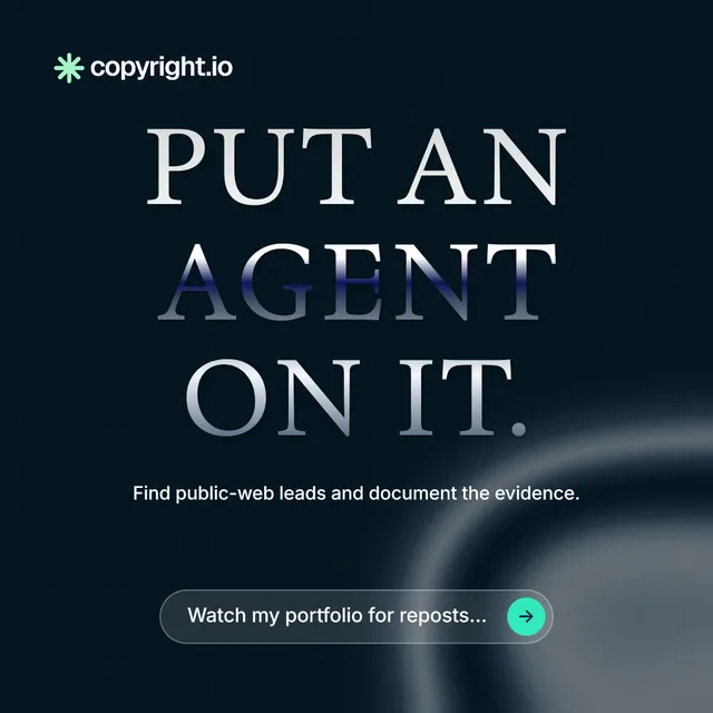 Instagram post for copyright.io: "Put an agent on it." Agentic glass style, centred layout, dark palette in black, grey, blue.