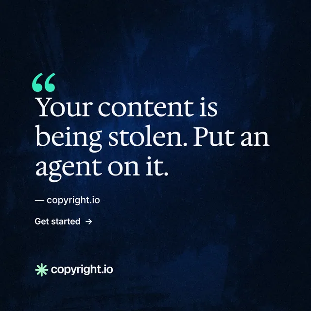 Instagram post for copyright.io: "Your content is being stolen." Minimal luxury style, quote layout, dark palette in black, blue.