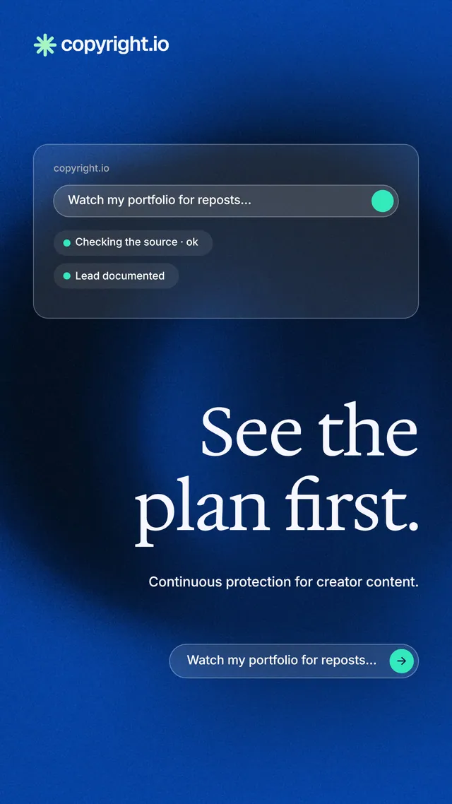 Instagram story for copyright.io: "See the plan first." Agentic glass style, right layout, dark palette in blue.