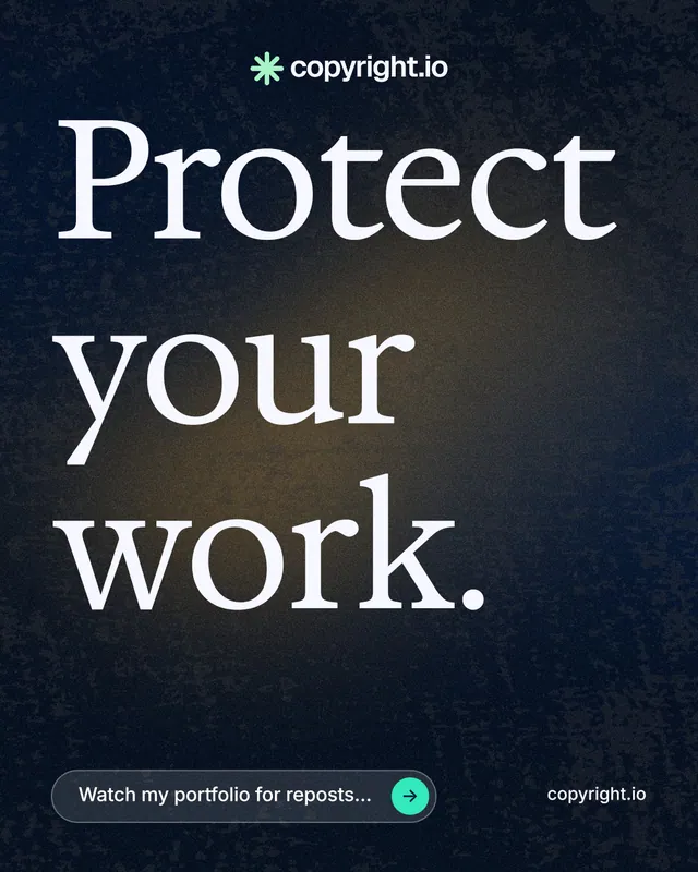Instagram portrait post for copyright.io: "Protect your work." Agentic glass style, poster layout, dark palette in black, grey.