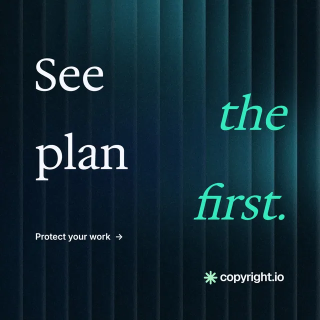 Instagram post for copyright.io: "See the plan first." Minimal luxury style, stacked layout, dark palette in black, blue, teal.