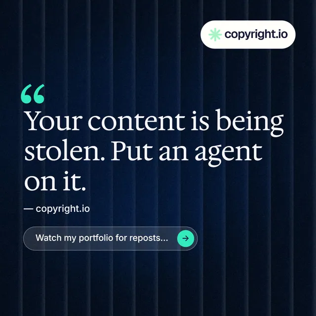 Instagram post for copyright.io: "Protect your work." Agentic glass style, quote layout, dark palette in black, blue, grey.