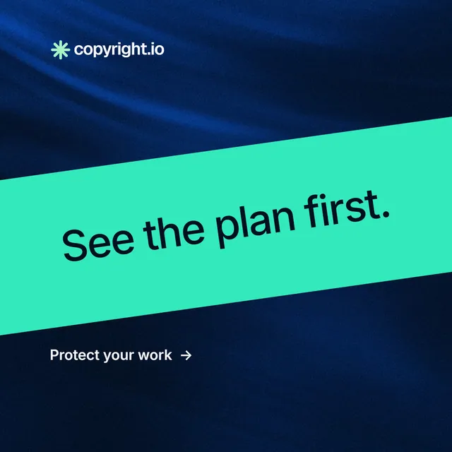 Instagram post for copyright.io: "See the plan first." Minimal luxury style, diagonal layout, dark palette in blue, teal, black.