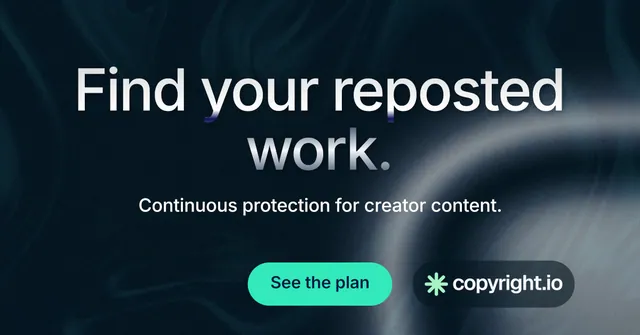 Social ad for copyright.io: "Find your reposted work." Y2K style, centred layout, dark palette in black, grey, blue.